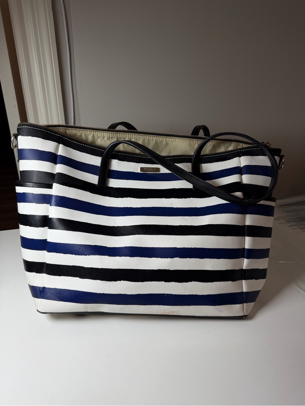 Kate Spade Laurel Way Stripe Kaylie Baby Bag Tote with Black and Blue Stripes